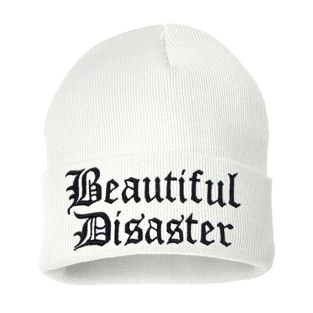 Beautiful Disaster Embroidered Beanie - White