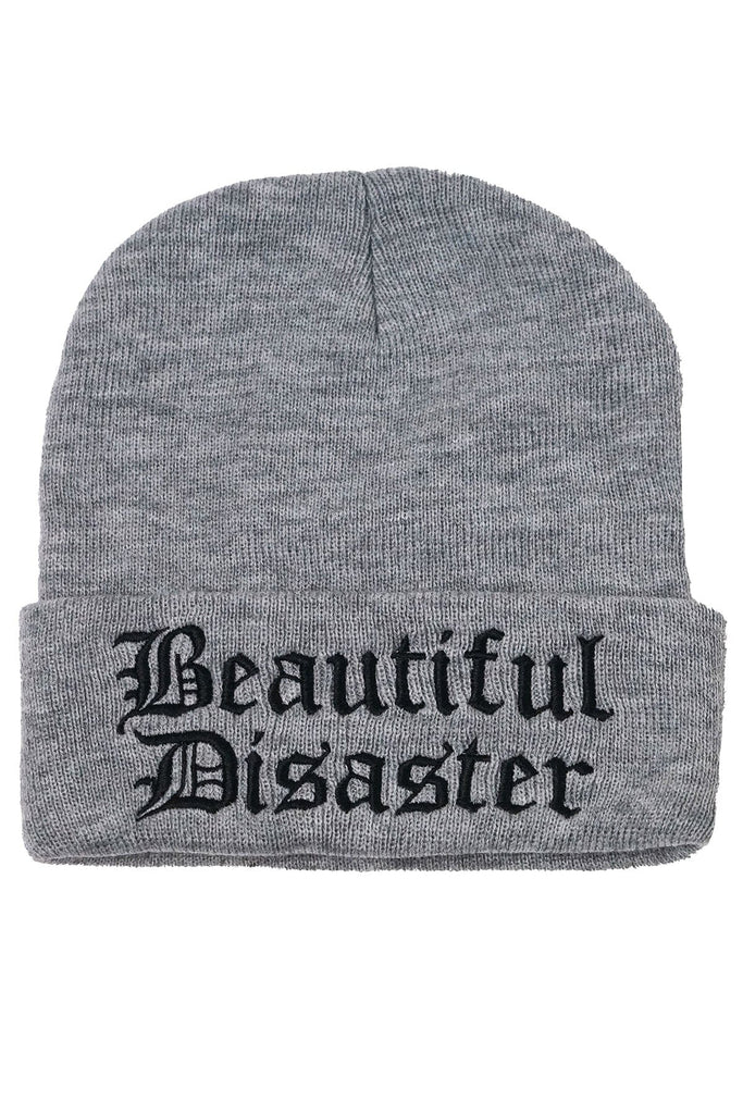 Beautiful Disaster Embroidered Beanie Heather Gray